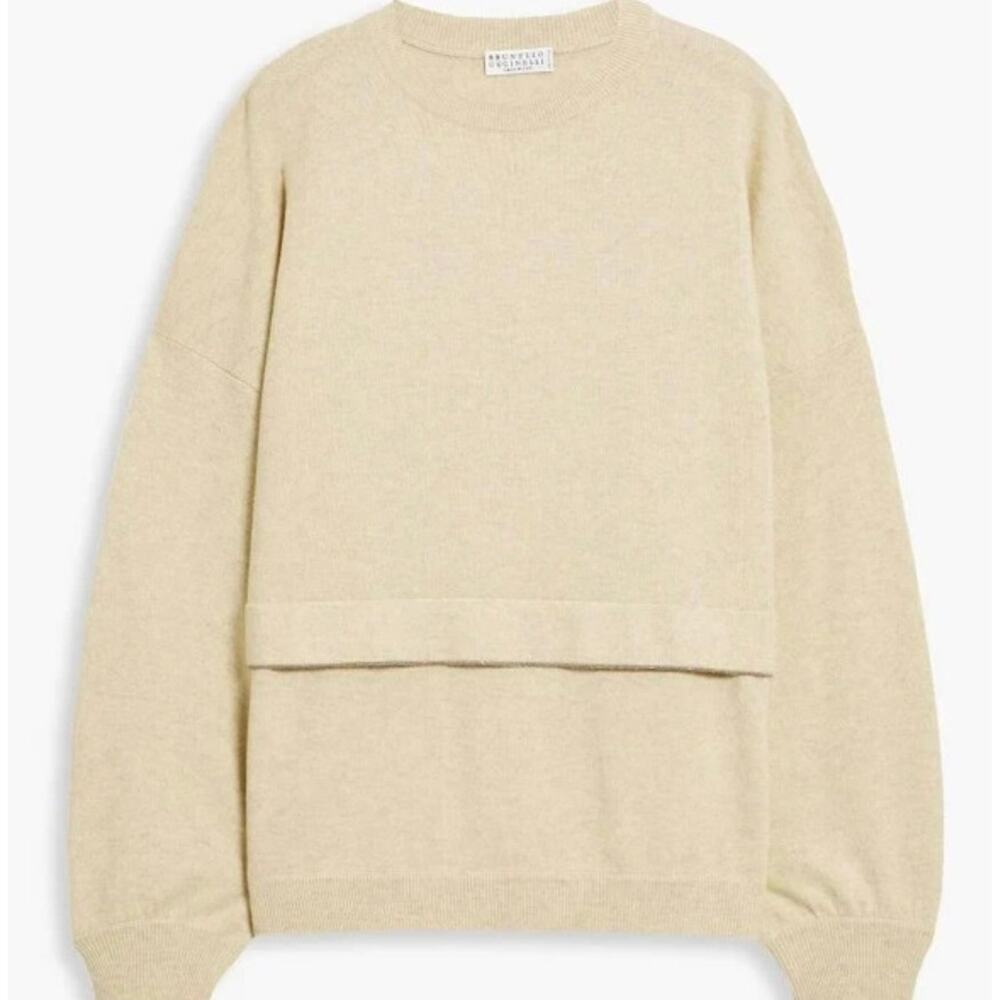 NEW Brunello‎ Cucinelli Cashmere Silk Monili Large Sweater Wool Tan Knit Jumper
